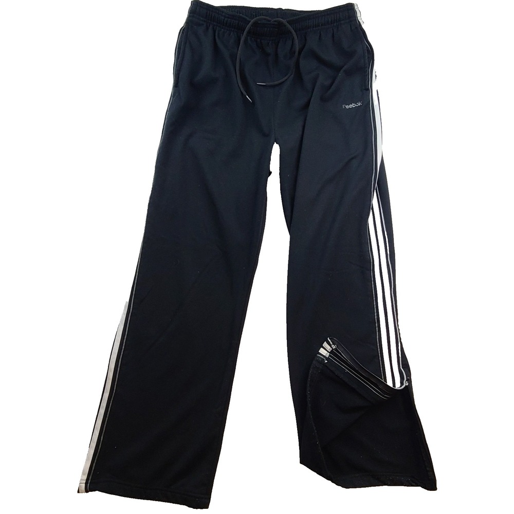 Vintage Reebok Track Pants Men's Large Black White Side Stripe Lined Ankle Zip